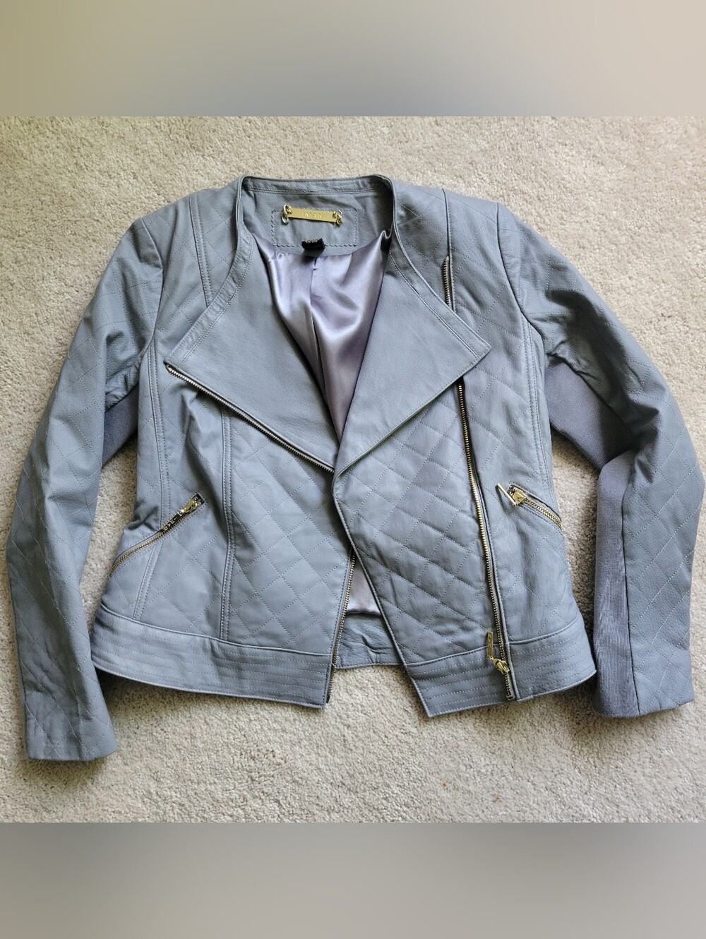 Quilted Light Gray Genuine Faux Leather Moto Jacket - Women